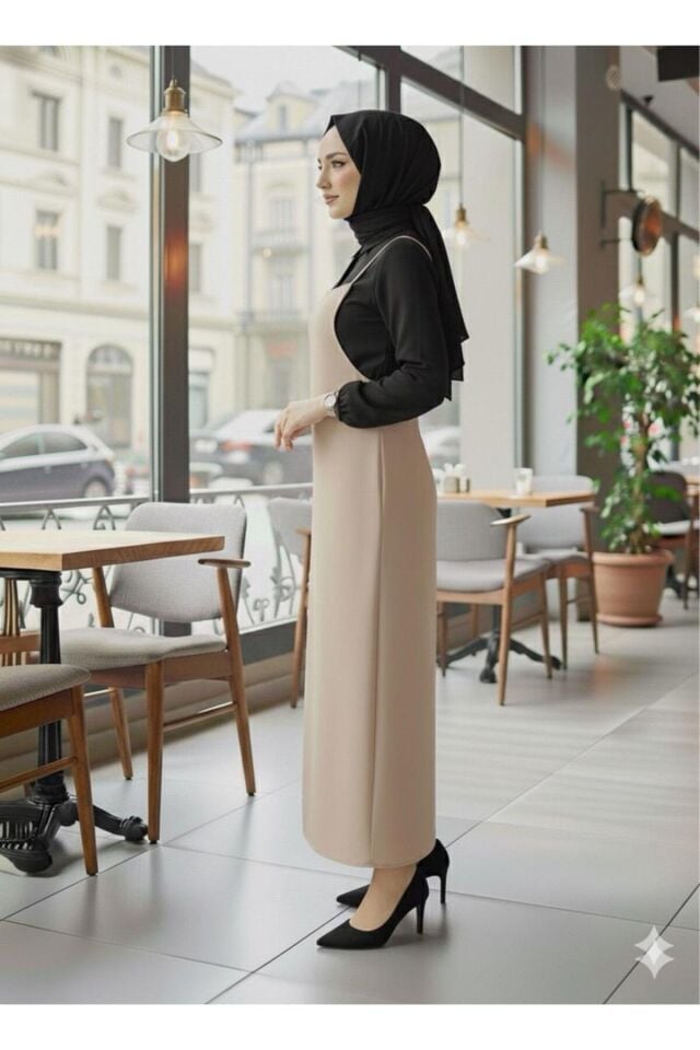 Siyah Tesettür İp Askılı Jile (Elbise Uzun Boydan Salopet Elbise Moda Trendi)