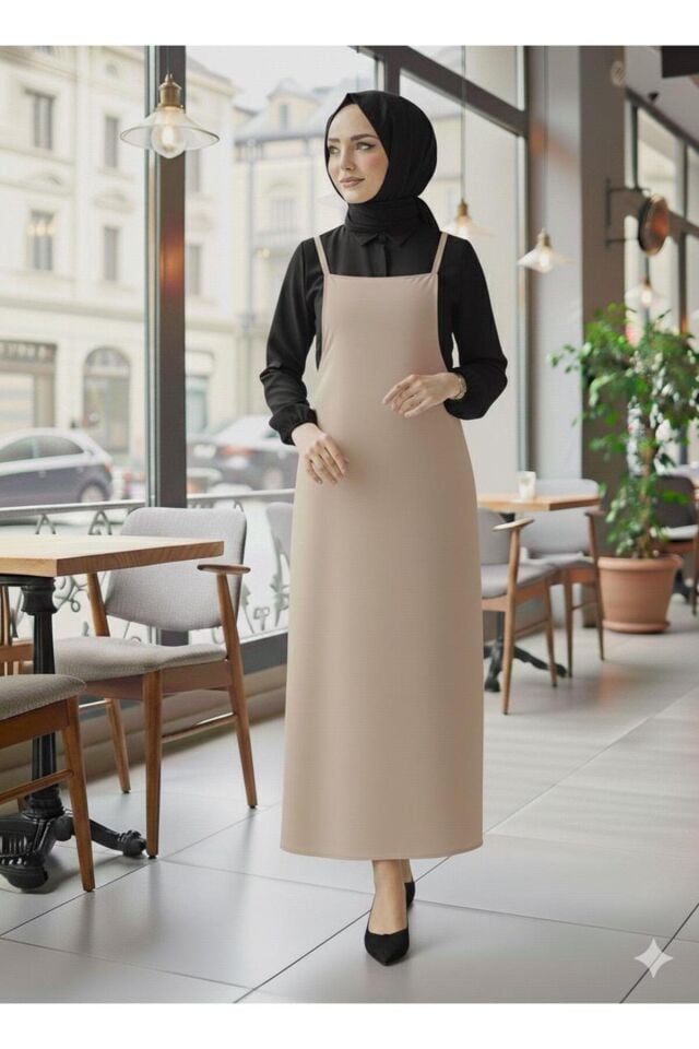 Siyah Tesettür İp Askılı Jile (Elbise Uzun Boydan Salopet Elbise Moda Trendi)