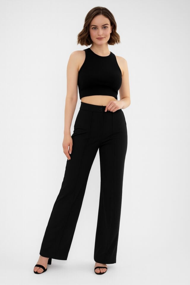 KADIN SİYAH SCUBA KREP ÖNÜ ÇIMALI YÜKSEK BEL PALAZZO PANTOLON(kısa süreligine lansman fiyatı)